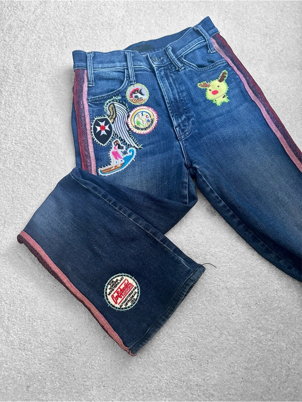 MOTHER Hustler Dark Blue Denim Jeans with hand embroidered patches….size 24